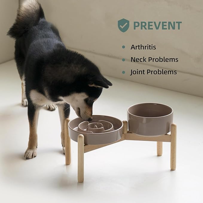 Ceramic 1.2 Cup Raised Slow Feeder Dog Bowl Set, Elevated 6.1inch Bowl and 7.3inch Puzzle Slow Food Dish with Wooden Stand for Medium and Small Dog, Anti-Gulping (2 x Brown Coffee+ Stand)