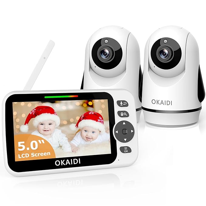 OKAIDI Video Baby Monitor with 2 Cameras, 5" Display Baby Monitor No WiFi, 30H Battery and 1000ft Range, Remote Pan-Tilt-Zoom Baby Camera, 2-Way Talk, 8 Lullabies, for Baby Pet Elderly