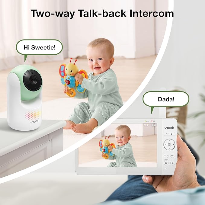 VTech Video Baby Monitor with 7" Color LCD Screen, Rechargeable Battery, Video Streaming, Audio Streaming, Pan-Tilt-Zoom, Touch Multi-Color Night Light, Two-Way Talk, Long Range: Advanced Max Green
