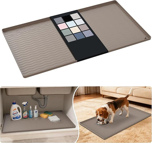 URMONA Waterproof Silicone Under Sink Mat 34'' x 19'' Shelf Liner for Kitchen and Bathroom, Cabinet and Counter Protector, Storage and Organizers, Litter Mat, Pet Cat Puppy Essentials(Beige)