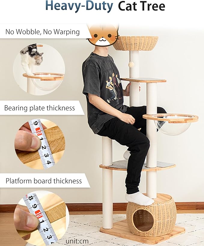 Wood Cat Tree for Large Cat, 63-Inch Tall Cat Tower with Scratching Post for Indoor Cats, Multi-Level Cat Condo with Hand-Woven Cat Bed and Acrylic Bowl Easy to Clean (White 81007s)