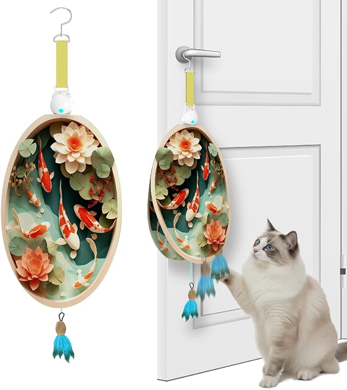 Interactive Cat Toys for Indoor Cats, Automatic Concealed Hide and Seek Hanging Feather Cat Toy, Rechargeable Motion-Activated Enrichment Toys for Bored Adult Cats (Fish Pond Pattern