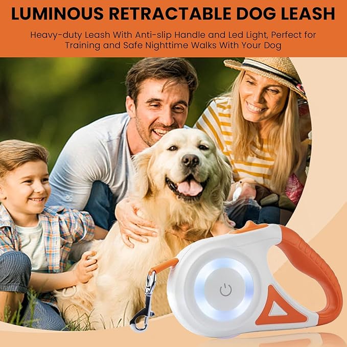 Best Dog Supplies Luminous Retractable Dog Leash with Front Safety Led Light - 5M/16ft 360°Tangle-Free Training Leash for Ultimum Freedom with Anti Slip Handle Dogs & Cats - Orange