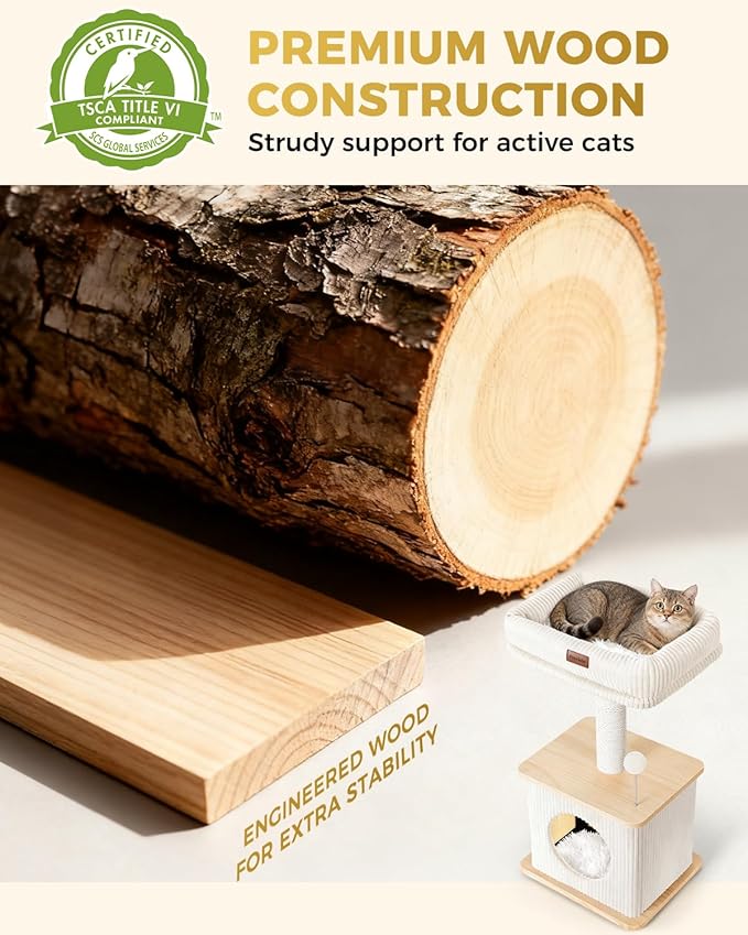 Modern Cat Tree for Indoor Cats, Nordic Loft Style, Wooden Cat Tower with Sisal Scratching Posts, Soft Padded Beds & Cozy Condos, Floor-Mounted for Kittens & Adult Cats