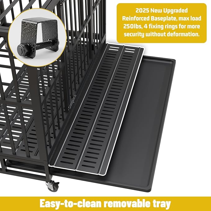 Escape-Proof Heavy Duty 38" Dog Crate, Indestructible Steel Kennel for Large & High-Anxiety Dogs with 300Lbs Capacity, Double Door Design with 4 Locking Wheels and Reinforced Baseplate.