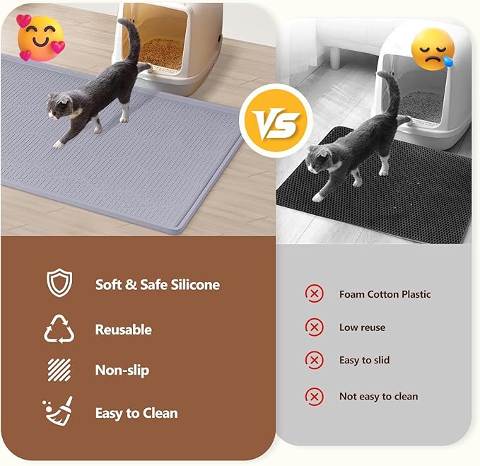 Large Cat Litter Mat with Toy Ball, 34'' x 22'' Silicone Cat Litter Trapping Mat for Scatter Control, Soft on Kitty Paws, Easy to Clean (Light Grey)