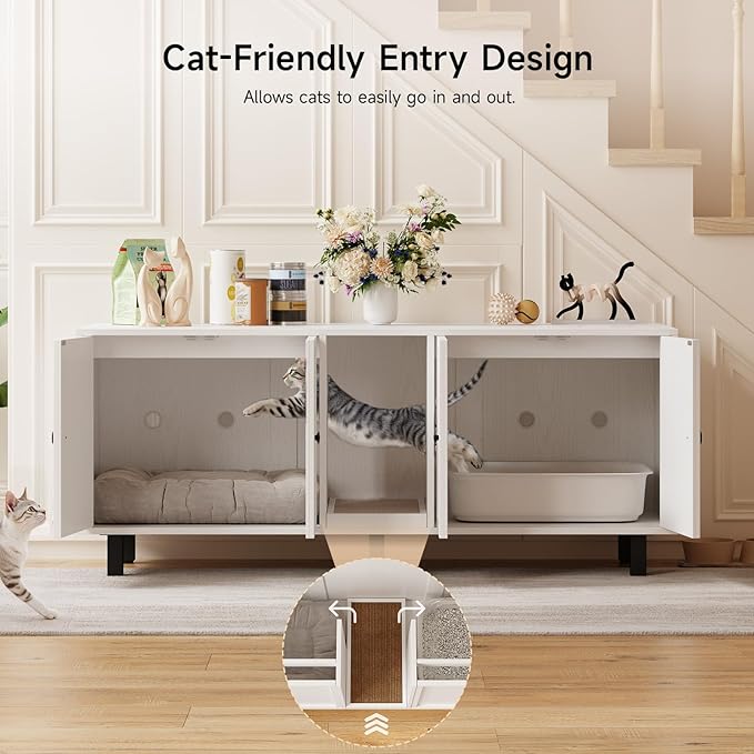 ONBRILL 59 Inches Cat Litter Box Enclosure for 2 Cats, Hidden Litter Boxes Furniture with Cat Scratch Pad, Large Indoor Pet House with Double Room, Wooden TV Stand Side Table, Off White