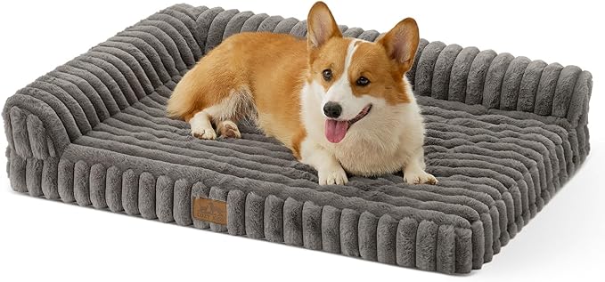 Cute Dog Bed, Faux Rabbit Fur Orthopedic Foam Dog Bed with Sides, Removable Washable Cover & Waterproof Lining, Comfortable Pet Couch for Medium Dogs, Grey (36" L x 27" W x 6.5" Th)