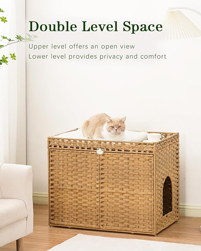 Cat Litter Box Enclosure Furniture, Handwoven Rattan Hidden Litter Box with Mat, Large Space Cat House with 2 S-Shaped Hooks 30.3 x 18.3 x 24.4 Inches, Indoor for Living Room Apartment Natural