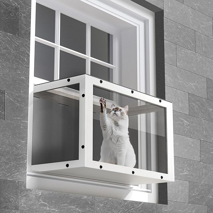 Window Cat Perch Catio, Wood Cat Window Box, Window Catio for Indoor Cats. Suitable Single Hanging Window with an Inner Diameter of The Window Frame with A Net Opening Width of 24-35 in（White）