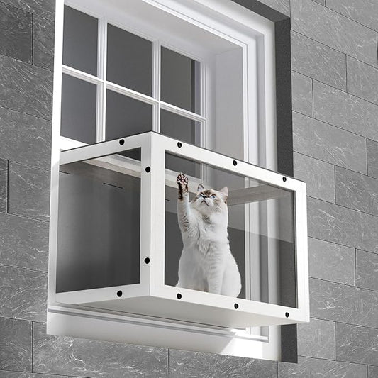 Window Cat Perch Catio, Wood Cat Window Box, Window Catio for Indoor Cats. Suitable Single Hanging Window with an Inner Diameter of The Window Frame with A Net Opening Width of 24-35 in（White）
