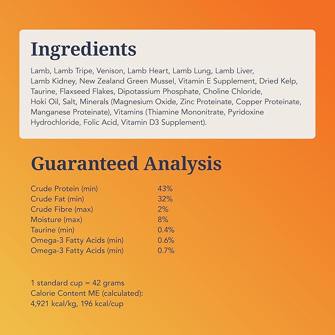 Feline Natural Freeze Dried Cat Food - Grain-Free and High Protein Cat Food from New Zealand, Complete Meal or Topper for Kittens, Adults, and Senior Cats, Grass-Fed Lamb and Venison, 100g