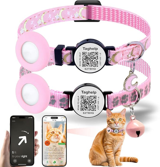 2PCS Breakaway Cat Collars AirTag Holder with Bell Cute Star &Moon Safe Kitten Collars with Pendant Glow in The Dark,Cat Collar with Smart ID tag & QR Code Reflective for GPS Boy Girl Cats (Pink)