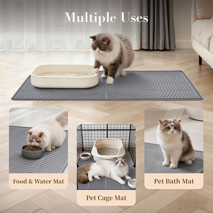 Mora Pets Cat Litter Mat, Extra Large 40" X 28" Silicone Litter Box Mats, Waterproof, Non-Slip, Scatter Control, Easy to Clean, Soft on Kitty Paws, XL, Grey