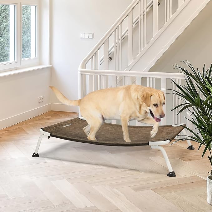 Veehoo Elevated Dog Bed for Outdoor, Cooling Waterproof Raised Dog Cots Beds for Large Dogs, Curved Off Ground Pet Hammock Cot Lifted for Outside, up to 85lbs, White Legs, Brown 42"