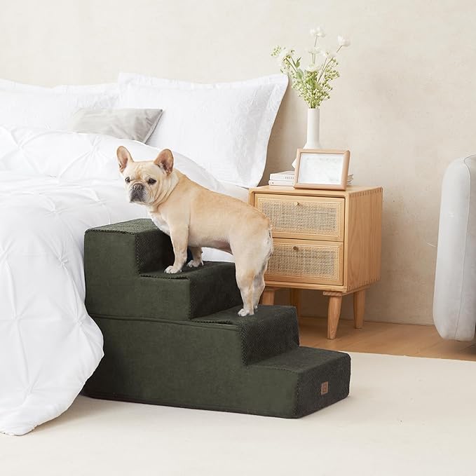 EHEYCIGA Dog Stairs for Bed 20" H, 4-Step Extra Wide Dog Steps for High Bed, Pet Steps for Small Dogs and Cats, Non-Slip Balanced Pet Ramp Indoor, Military Green
