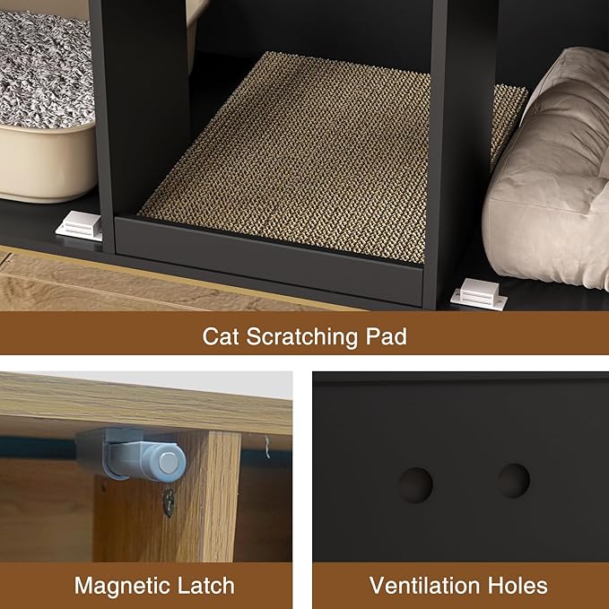 Kitty Litter Box Enclosure for 2 Cats, Small Hidden Cat Litter Box Furniture with Scratch Pad, Modern Fluted Double Litterbox Cabinet TV Stand for Kittens, Black