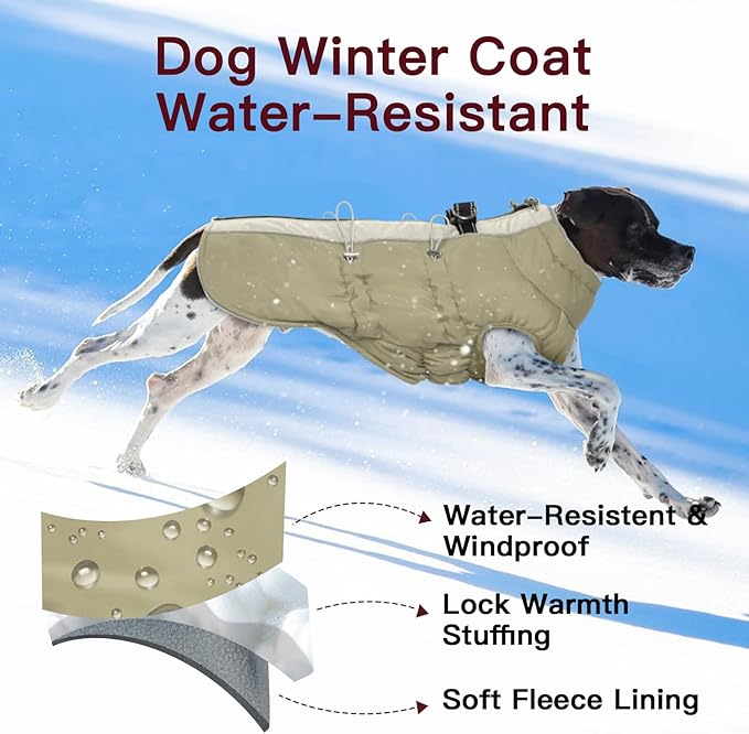 Dog Winter Jacket - XX Large, Warm Zip Up Snowsuit Dog Harness Vest, Reflective, Water-Resistant, Apricot