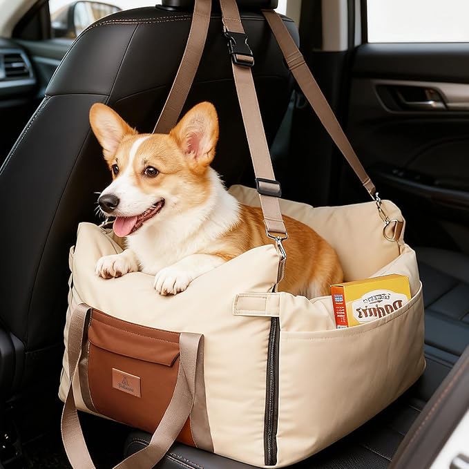 Dog Car Seats for Small Dogs, Waterproof Puppy Car Seat with Side Handles and Large Pockets, Clip-On Safety Leash and PP Cotton Filling, Pet Booster Seat for Small Dog up to 25lbs (Apricot)