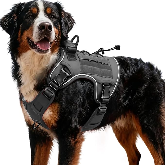 Heavy-Duty Tactical Dog Harness for Large Dogs, No Pull Adjustable Reflective Pet Vest with Molle System, K9 Military-Grade Control for Service Training, Outdoor & 10+ Breeds, Gray, XX-Large