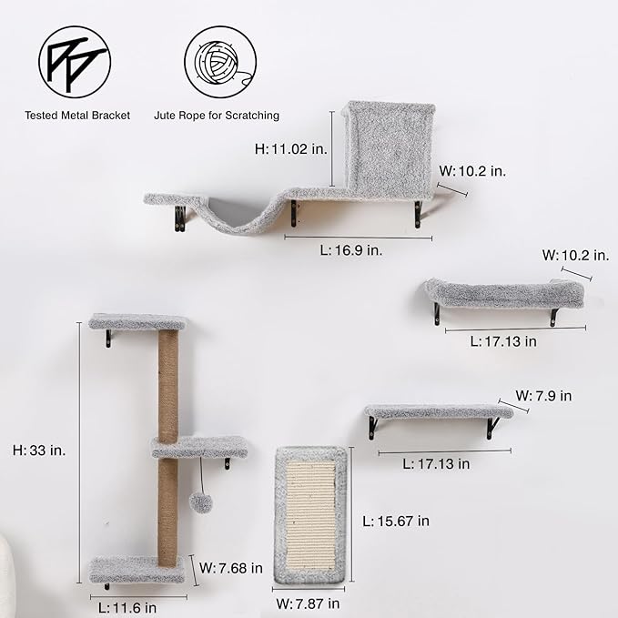 5-in-1 Cat Wall Shelves, Multi-Level Cat Climbing Furniture, Perch & Lounge for Indoor Cats, Space-Saving Wall Mounted Shelves for Play & Rest (Natural Wood) - Light Gray