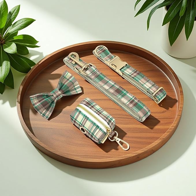 PETDURO Personalized Dog Collar Brown Green Plaid for Large Medium Dogs | Engraved Name and Phone Number on Gold Metal Buckle for Boys & Girls | Add Leash & Bow Tie via Customize Now