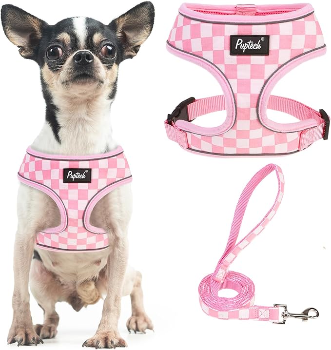 PUPTECK Soft Mesh Dog Harness and Leash Set Pet Puppy Cat Comfort Padded Vest No Pull Harnesses, Checkered Pink&White, S