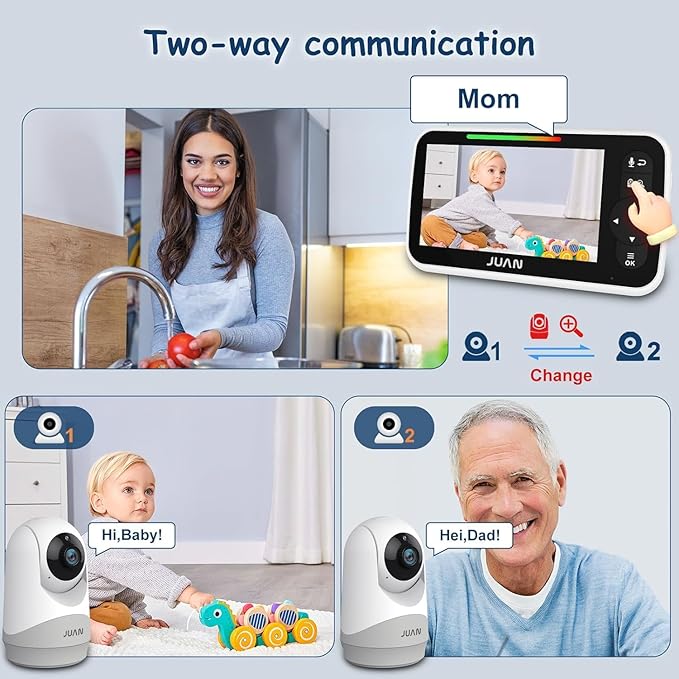 JUAN 5" Video Baby Monitor with 2 Cameras and Audio, 30-Hour Large Battery, Remote Control Cameras with Night Vision and Temprature Monitoring, Indoor and Outdoor, JA2216-2