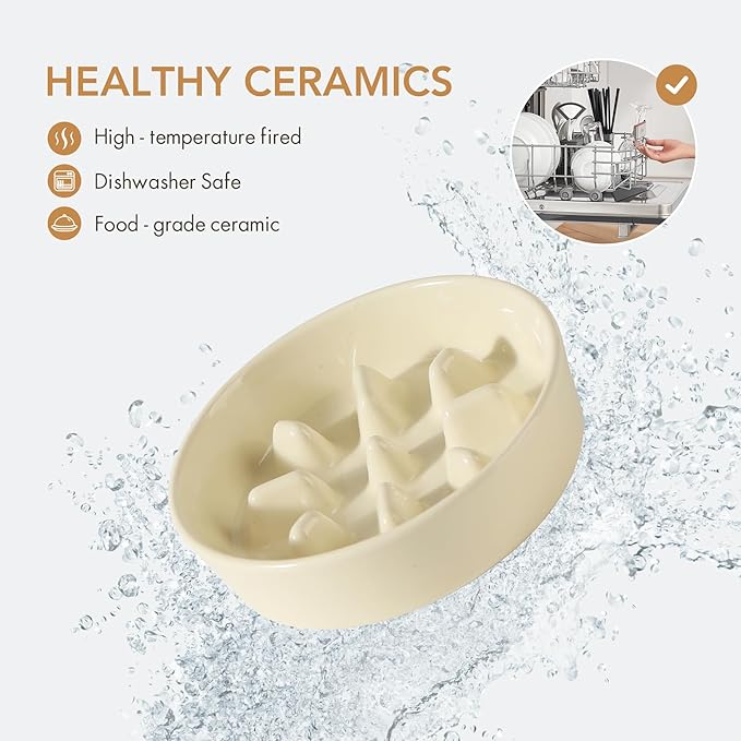 Ceramic 1.2 Cup Dog Bowl Slow Feeder, 7.3 inch Slow Pet Food Dish for Medium and Small Dog, Stop Bloat, Preventing Choking(Single Bowl, Beige)