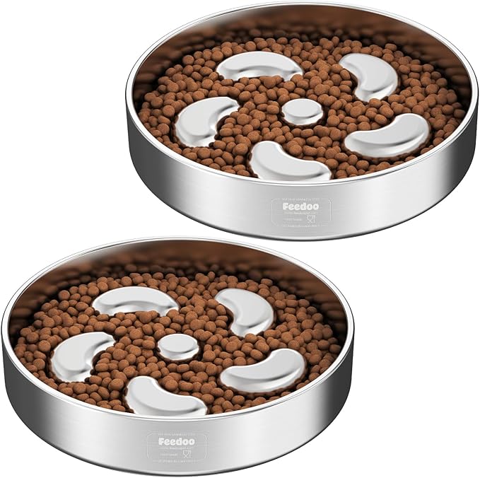 Slow Feeder Dog Bowl-2Cups for Medium Breeds, Double-Layer Stainless Steel, Heavy-Duty with Non-Slip Rubber Base, Puzzle Maze Bowl to Slow Down Eating [2Pack]