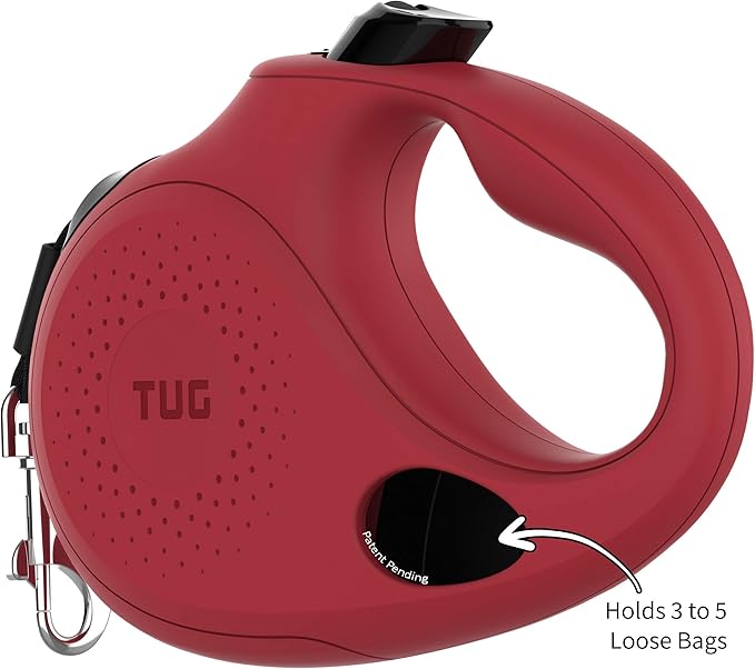 TUG Oval 360° Tangle-Free Retractable Dog Leash with Integrated Waste Bag Dispenser (Large, Red)