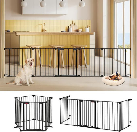 Freestanding Dog Gates with Door Walk Through, Extra Wide Doggy Door 125" W x 29" H Pet Gate Safty 5 Panels Dog Fence for Stairs, Doorways