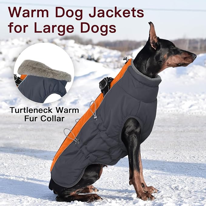 Dog Coat Winter Warm Dog Jackets for Large Dogs Reflective Snowsuit with Harness Fleece Dogs Snow Jacket Waterproof Pet Clothes for Cold Weather