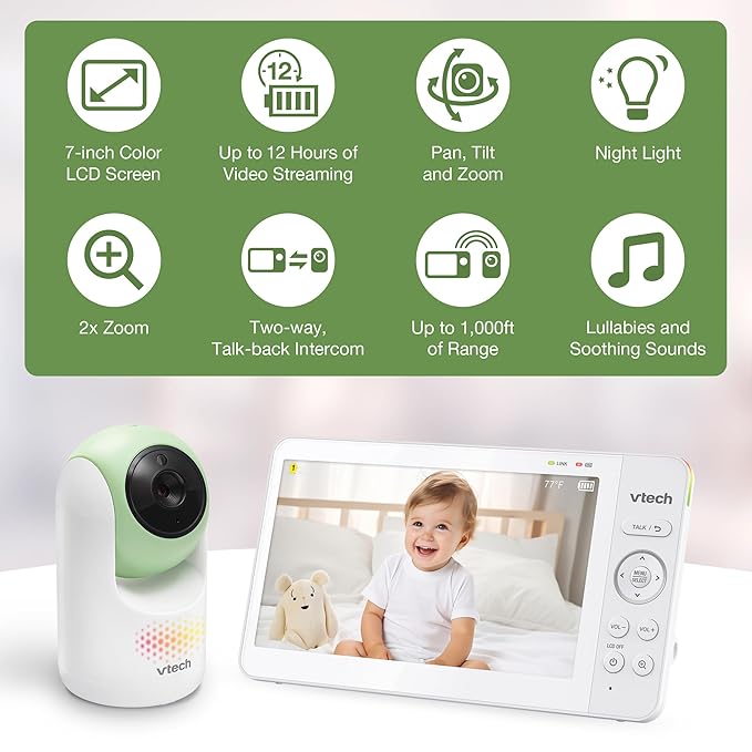 VTech Video Baby Monitor with 7" Color LCD Screen, Rechargeable Battery, Video Streaming, Audio Streaming, Pan-Tilt-Zoom, Touch Multi-Color Night Light, Two-Way Talk, Long Range: Advanced Max Green
