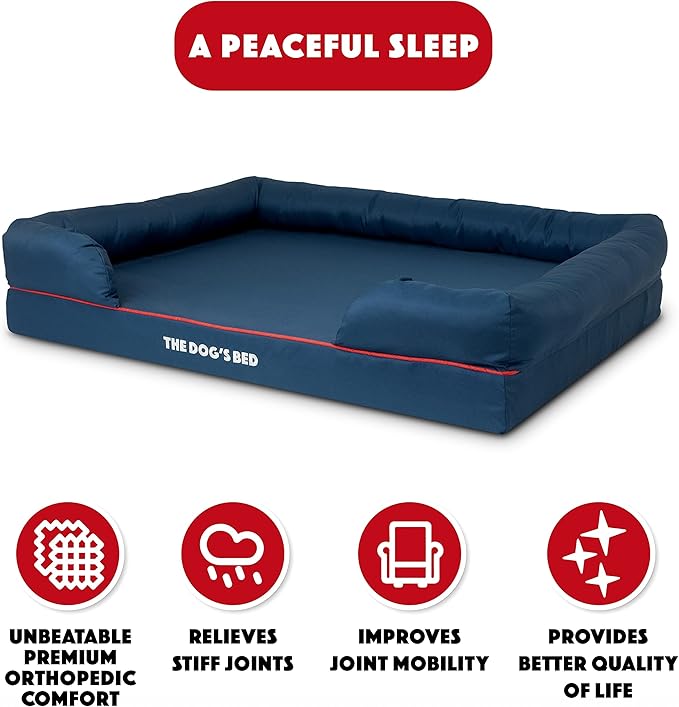 The Dog’s Bed Orthopedic Dog Bed XL Oxford Blue with Red Trim, Memory Foam, Pain Relief: Arthritis, Post Surgery, Lameness, Supportive, Waterproof Washable Cover