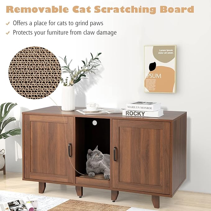 Tangkula Double Cat Litter Box Enclosure for 2 Cats, Large Stackable Hidden Privacy Cat Washroom Cabinet with Scratching Board, Indoor Cat House TV Stand Side Table, Litter Box Furniture (Brown)