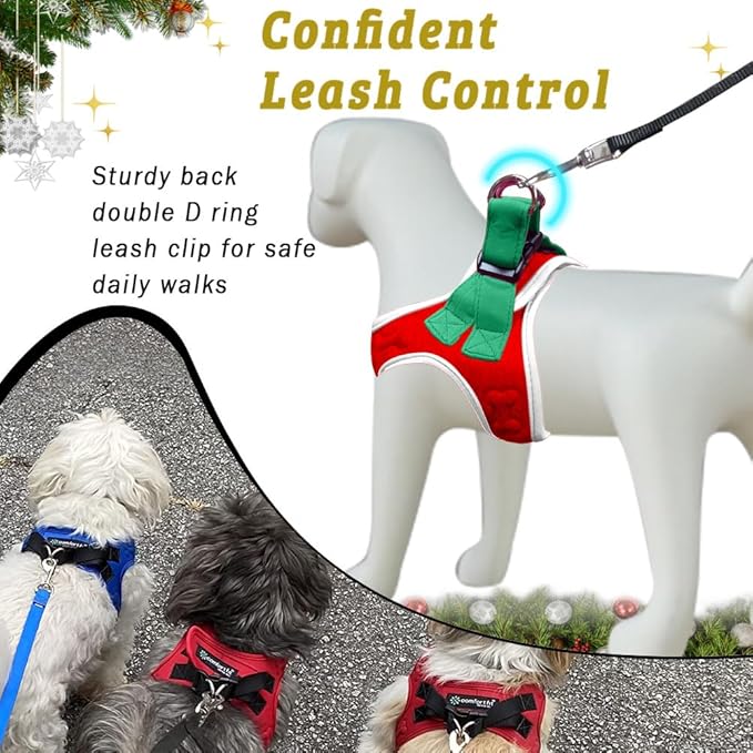 Comfort Fit Christmas Step-in Dog Harness All-Weather Dog & Puppy Harness Adjustable Soft Padded No-Pull Holiday Vest for Small & Medium Dogs Easy to Put On Secure Buckle Fit (Plush Both Side Velvet)