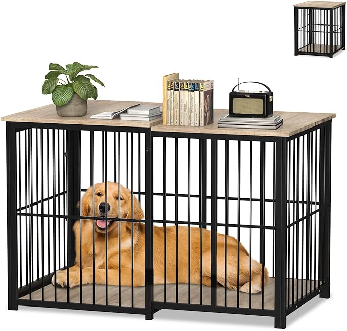 Large Dog Crate Furniture for Large Dogs, Retractable Dog Kennel Furniture, Wooden Dog Kennel Indoor, Heavy-Duty Dog Cage Furniture with 3 Levels of Adjustable Size,45.6" L, XL, Light Brown