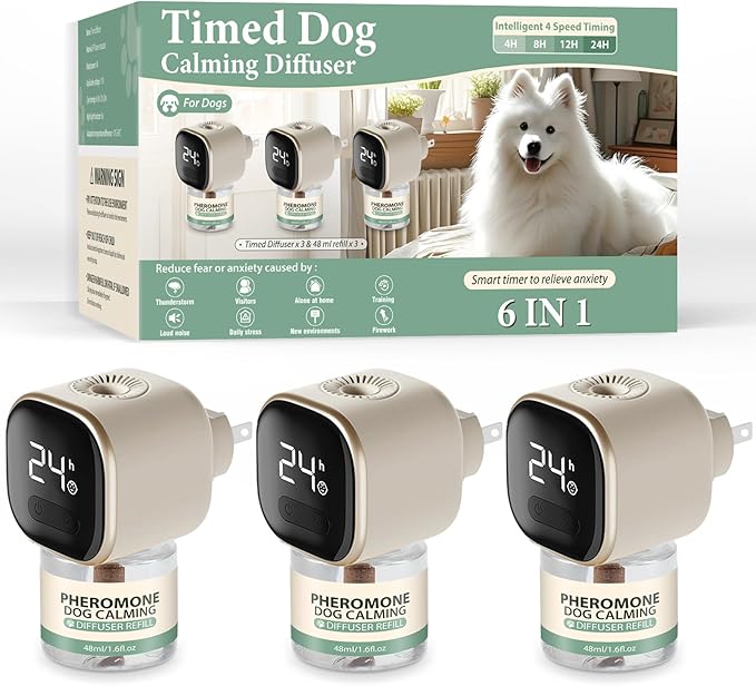 Dog Calming Pheromones Diffuser 6 in 1 Appeasing Relaxing Diffuser with Timing Function Pet Kit (3 Plug in +3 Refill 48ml) for Anxiety Relief Reduce Aggression Barking Fighting Stress (Tasteless)
