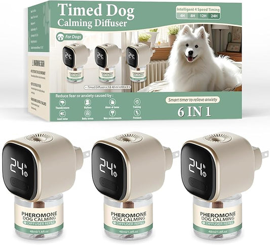 Dog Calming Pheromones Diffuser 6 in 1 Appeasing Relaxing Diffuser with Timing Function Pet Kit (3 Plug in +3 Refill 48ml) for Anxiety Relief Reduce Aggression Barking Fighting Stress (Tasteless)