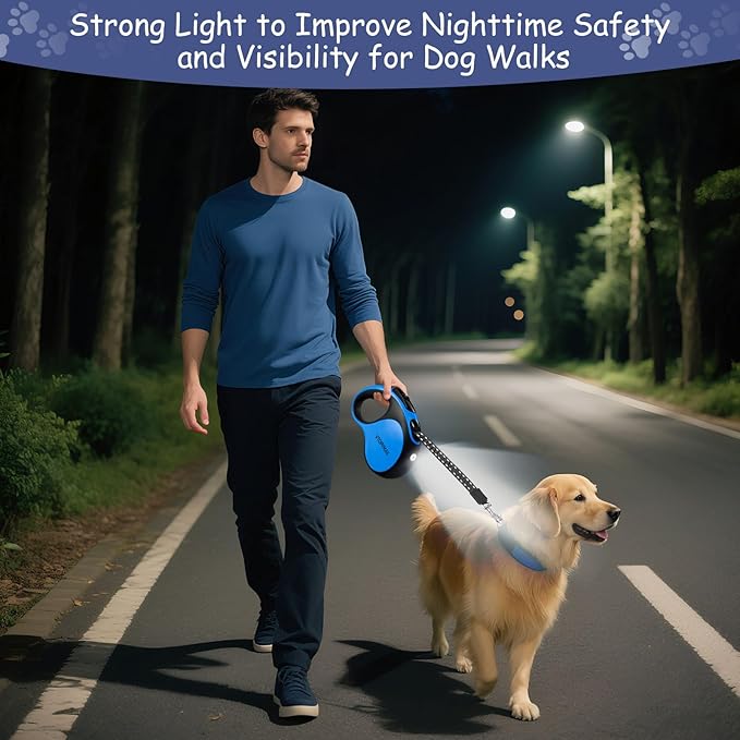 16Ft Retractable Dog Leash - for Small to Medium Dogs Up to 66lbs, Heavy Duty Retractable Leash with Light Rechargeable, Quick Lock Braking & Non-Slip Handle (Blue)