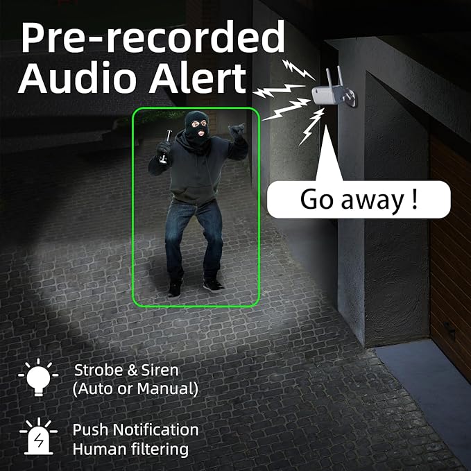 3MP Solar Power Security Camera Outdoor, Solar Surveillance Camera with Color Night Vision, 2 Way Audio, Spotlight & Siren, Compatible with Alexa, No Monthly Fee, AI Detection, IP65 Waterproof