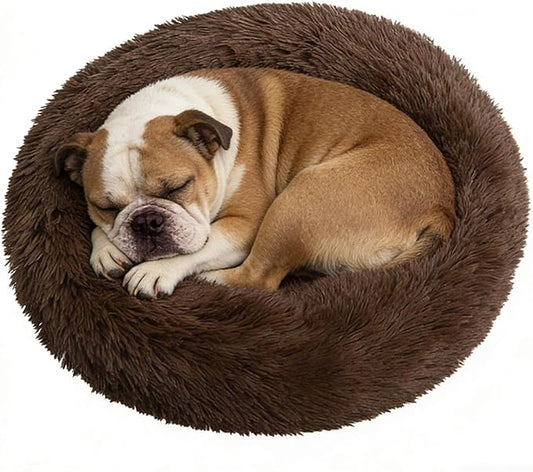 Calming Donut Dog Bed Medium Size Dog - Washable Removable Cover Non-Slip Bottom, Round Pet Bed Cat Bed Warming Fluffy Plush Faux Fur Anti-Anxiety, Fits up to 45 lbs (Coffee, 30")