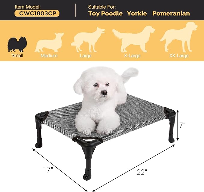 Veehoo Outdoor Elevated Dog Bed for Small Dogs, Cooling Raised Dog Cots Beds Training Platform Off Ground Hammock with Breathable Mesh, No-Slip Feet, 22"x17", Black Silver