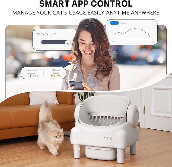 Self Cleaning Litter Box,Open Top Automatic Litter Box with App Control for Multiple Cats, Safety Sensors Protection, Odor Control Includes 2 roll Liners,Large Waste Bin, Cream White