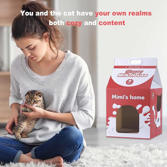 Cardboard Cat House with Scratcher – Red Cherry Milk Carton Design, 22.5''H x 13''L x 13''W, Indoor Cat Playhouse & Hideout for Cats up to 16 lbs, Portable Handle, Corrugated Scratch Pad