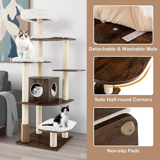 PETSITE Tall Cat Tree for Indoor Cats, 71 Inches Multi-Level Modern Cat Tower with Plush Perch, Cozy Condo, Platforms, Sisal Scratching Posts, EVA Massage Comb & Removable Cushions (Brown)