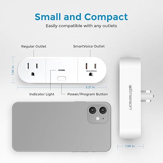 Emerson SmartVoice 2-in-1 Dual Wall Plug, Offline 30+ Voice Control Commands - No APP, No WiFi, No Setup, Smart Outlet Extender for Home and Office, Sleep & Wake Timer, ETL Listed
