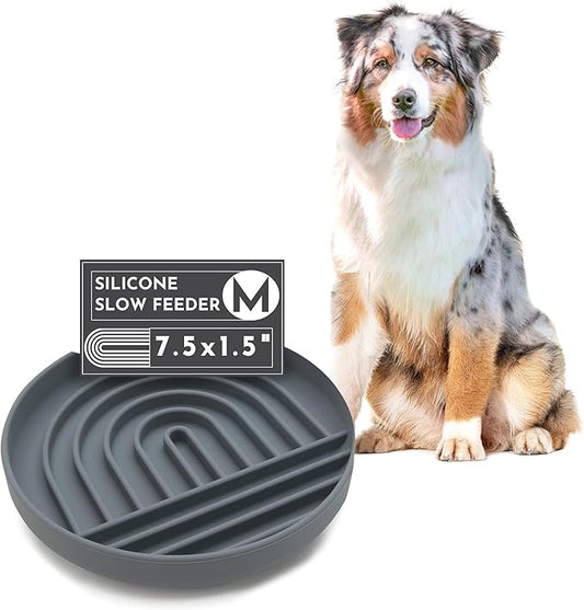 Should We Go? Slow Feeder for Dogs & Puppies, The Slowdown Bowl Silicone Slow Eating, Modern Lick Mat Design, Reduces Gulping, Fits 2 Cups, 7.5” Across x 1.5” Tall, Mealtime Challenge, Medium-Charcoal