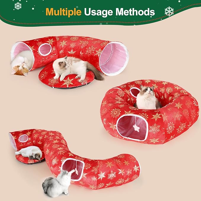 Cat Tunnel Bed for Indoor Cats, L Christmas Tree Skirts Washable Warm Soft Indoor Cat Donut Tunnel, Multifunctional Cat Interactive Playground Toys for Felines Pet Christmas Tree Decoration